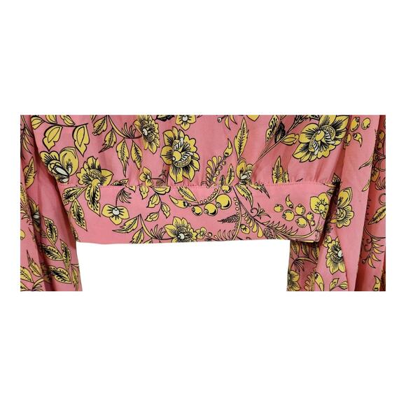 Signature8 Crop Top Blouse Balloon Sleeves Plunge Neck Pink Floral Button Small - Picture 7 of 12